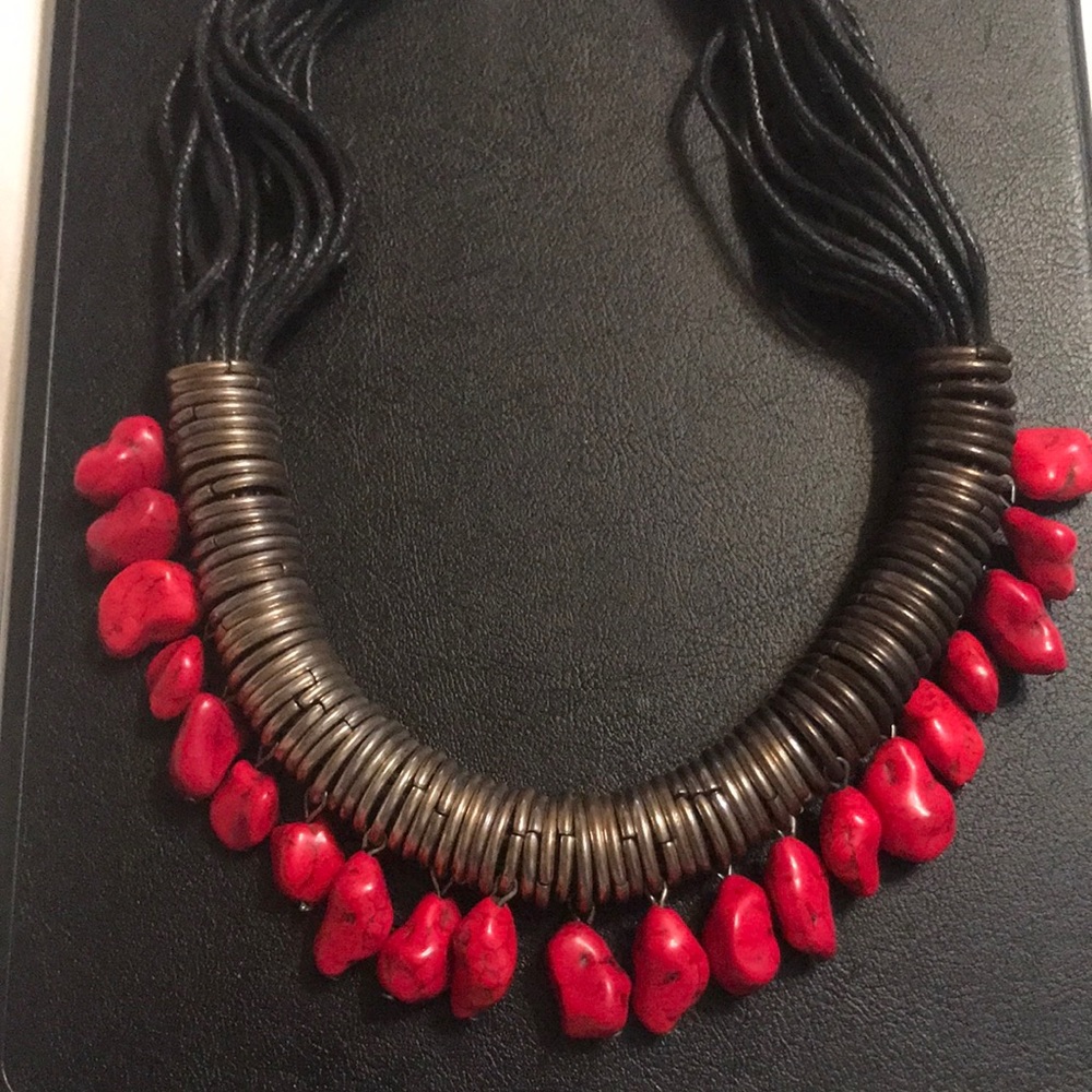 Red stone drop necklace with multi black rope chain
